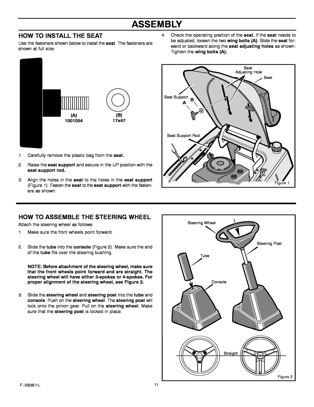Murray 309007x8B manual How To Install The Seat, How To Assemble The Steering Wheel, Assembly 