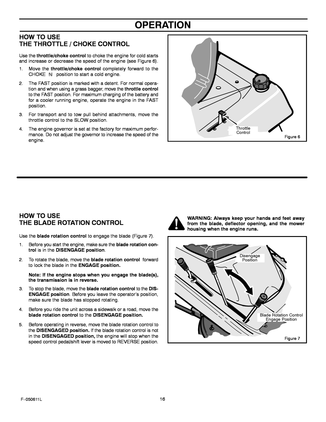 Murray 309007x8B manual How To Use The Throttle / Choke Control, How To Use The Blade Rotation Control, Operation 