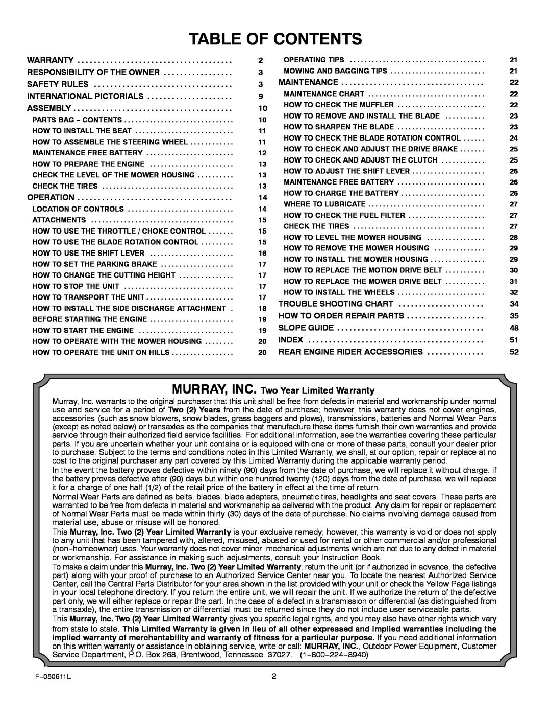 Murray 309007x8B manual Table Of Contents, MURRAY, INC. Two Year Limited Warranty 