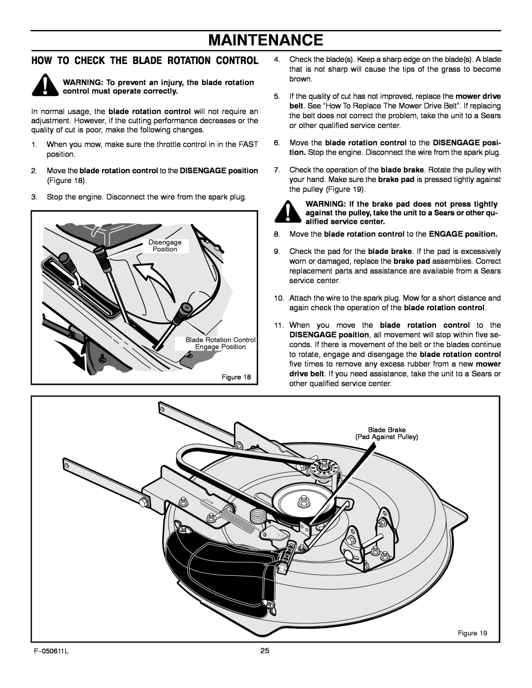 Murray 309007x8B manual Maintenance, How To Check The Blade Rotation Control 