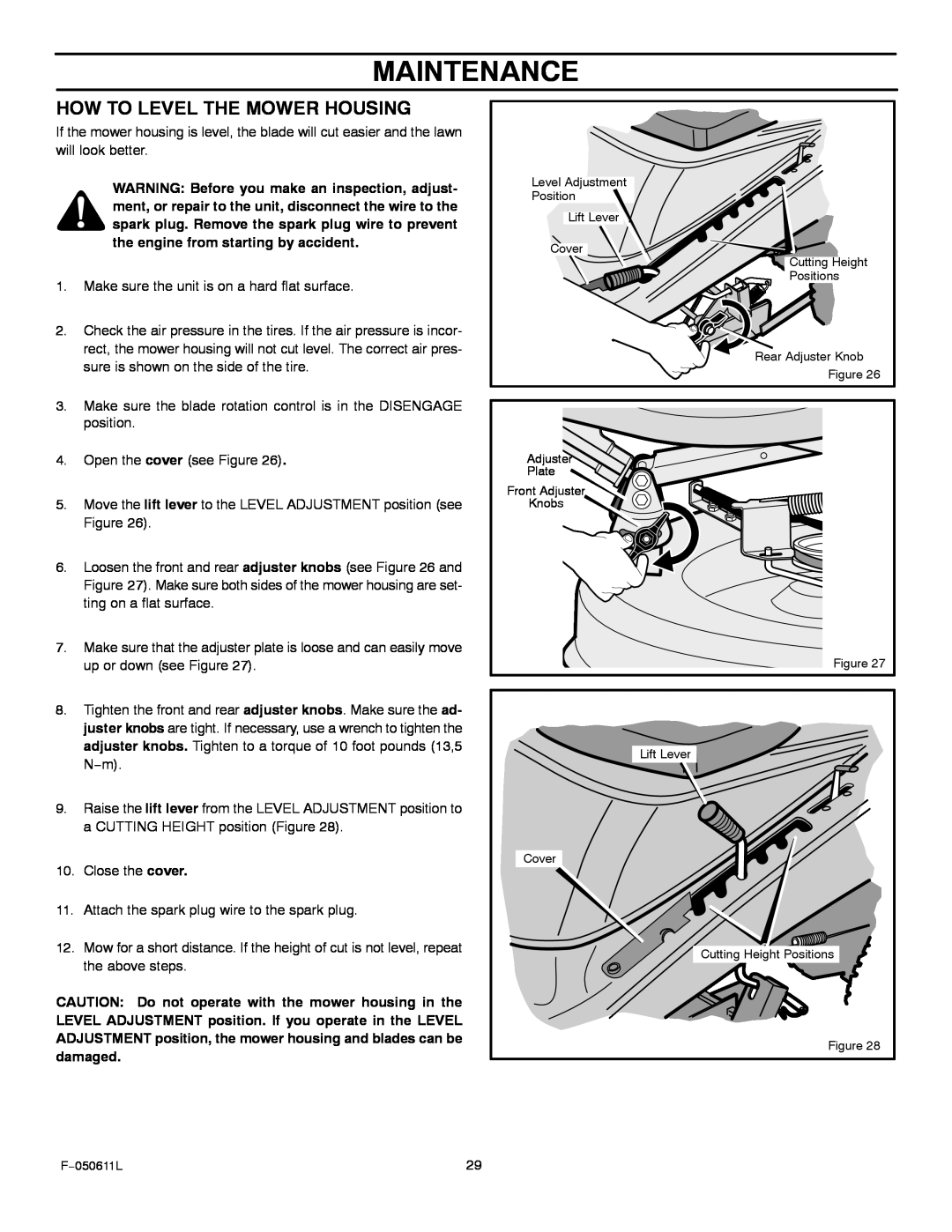 Murray 309007x8B manual How To Level The Mower Housing, Maintenance 