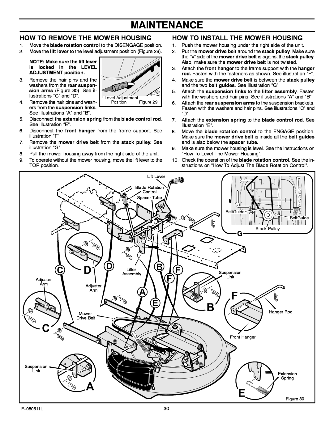Murray 309007x8B manual How To Remove The Mower Housing, How To Install The Mower Housing, Maintenance 