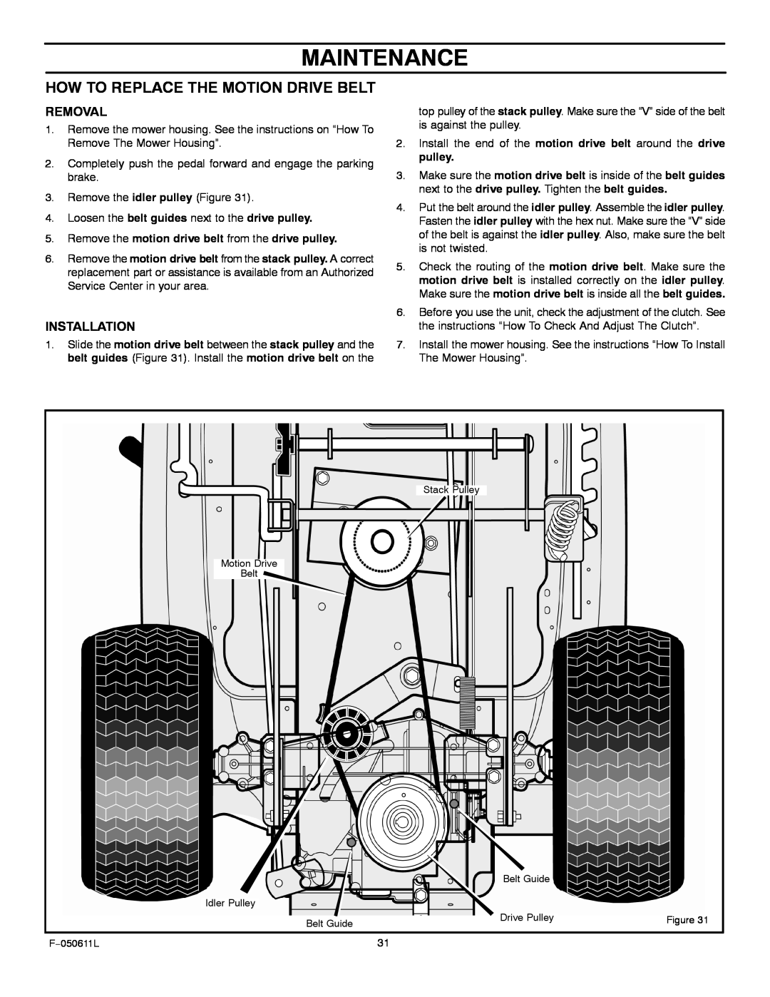 Murray 309007x8B manual How To Replace The Motion Drive Belt, Maintenance, Removal, Installation 