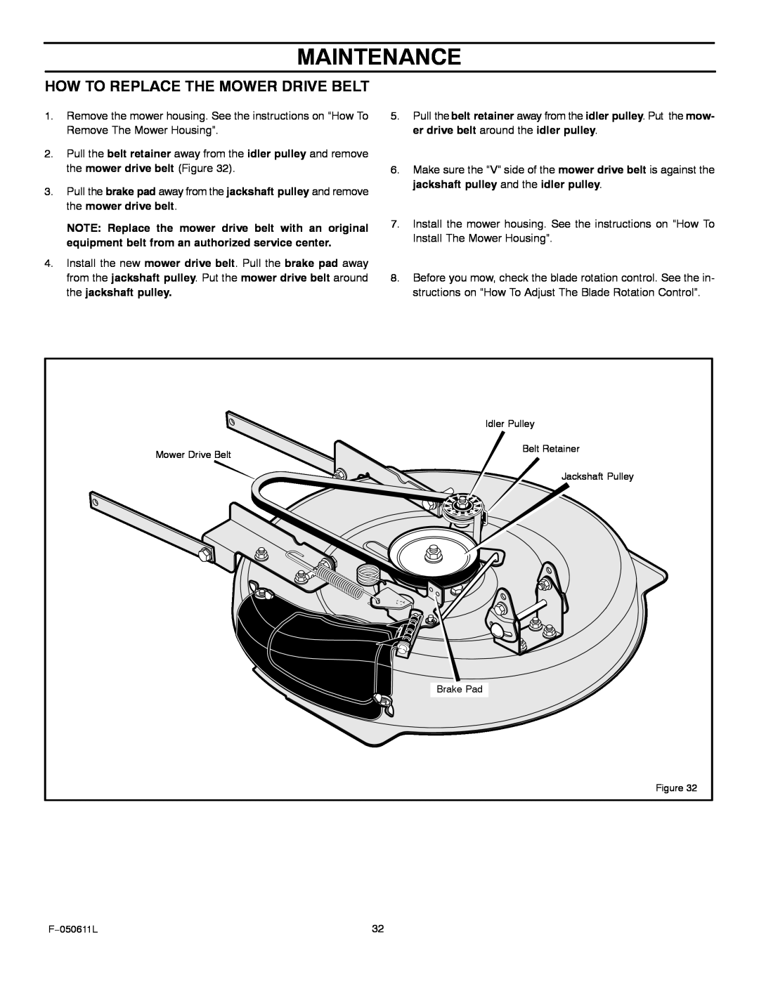 Murray 309007x8B manual How To Replace The Mower Drive Belt, Maintenance 