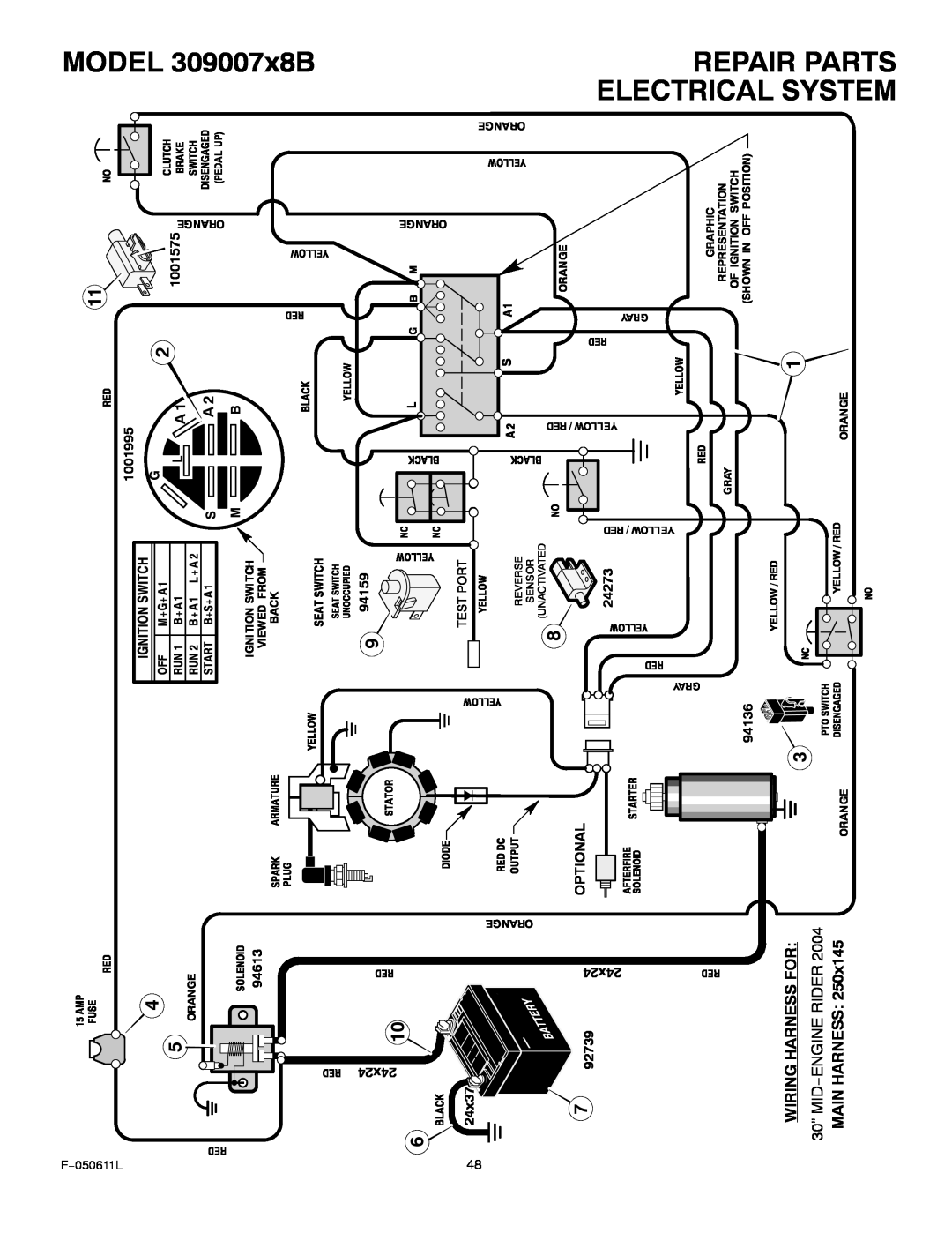 Murray Electrical System, MODEL 309007x8B, Repair Parts, WIRING HARNESS FOR 30” MID−ENGINE RIDER 2004 MAIN HARNESS 
