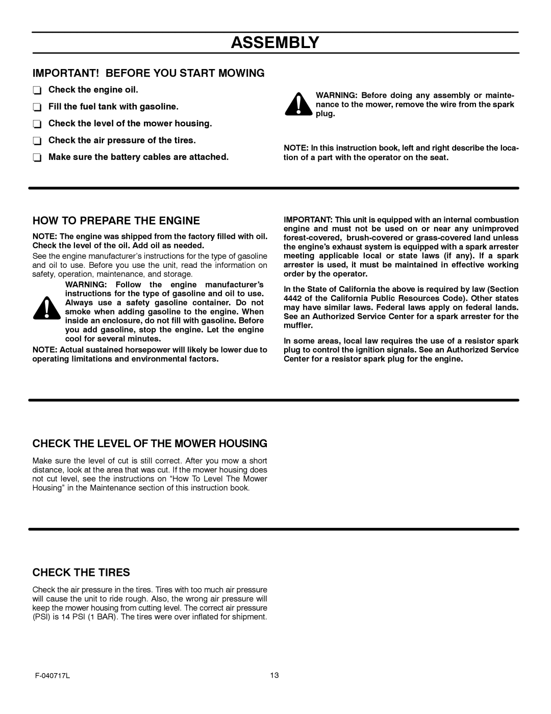 Murray 387002x92A IMPORTANT! Before YOU Start Mowing, HOW to Prepare the Engine, Check the Level of the Mower Housing 