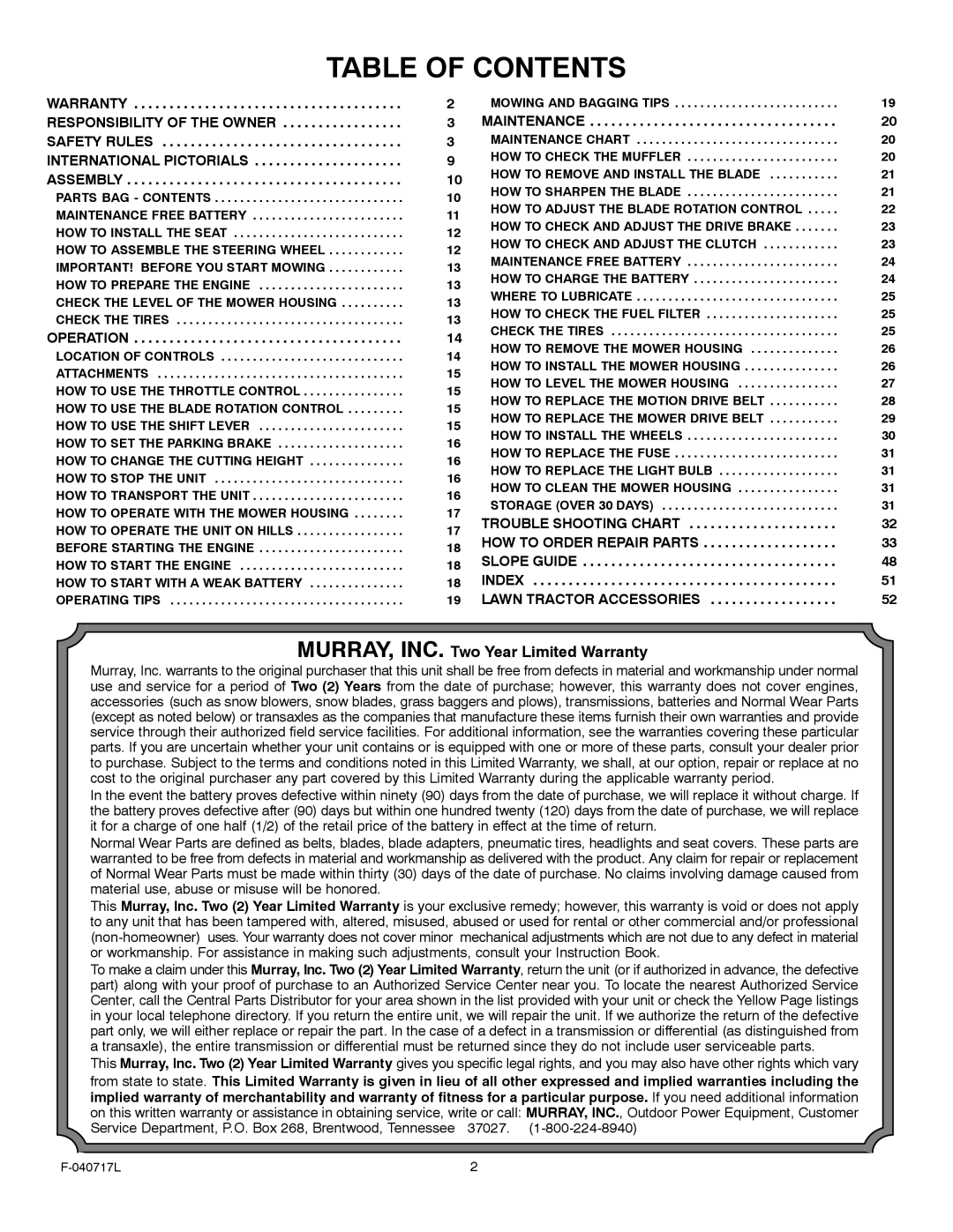 Murray 387002x92A manual Table of Contents 