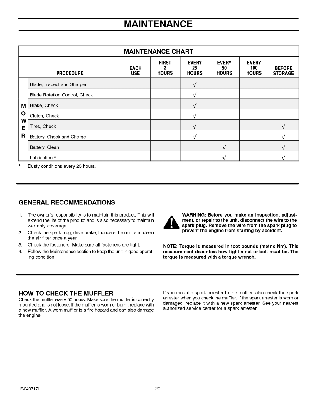 Murray 387002x92A manual Maintenance Chart, General Recommendations, HOW to Check the Muffler 