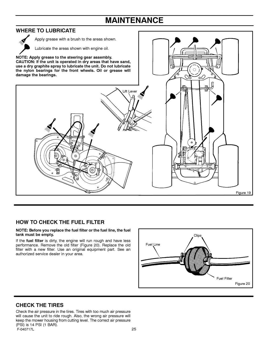 Murray 387002x92A manual Where to Lubricate, HOW to Check the Fuel Filter 