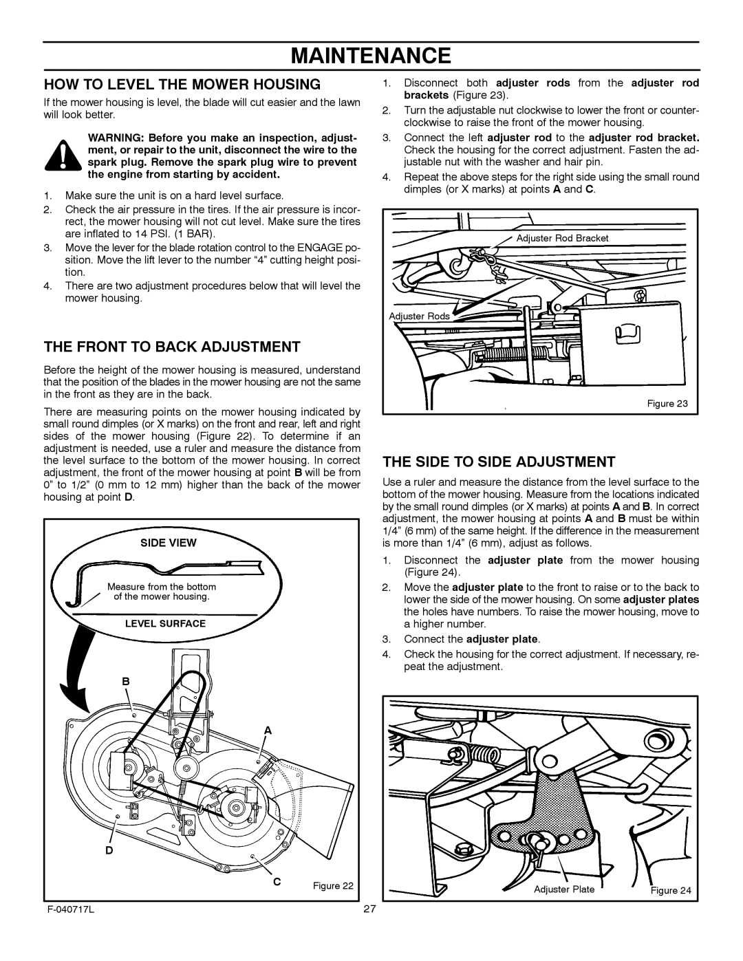 Murray 387002x92A manual HOW to Level the Mower Housing, Front to Back Adjustment, Side to Side Adjustment 