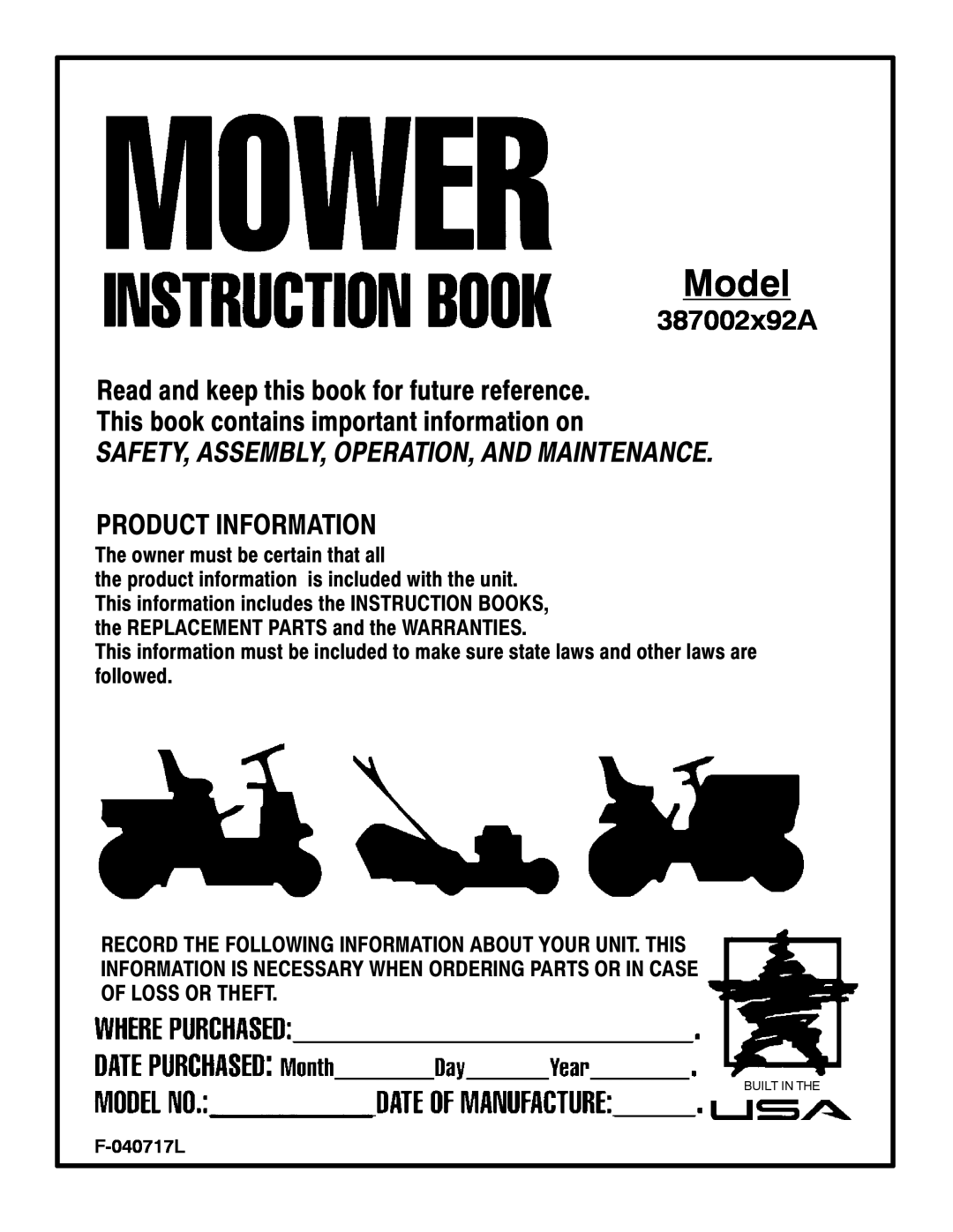 Murray 387002x92A manual Model, Read and keep this book for future reference, This book contains important information on 