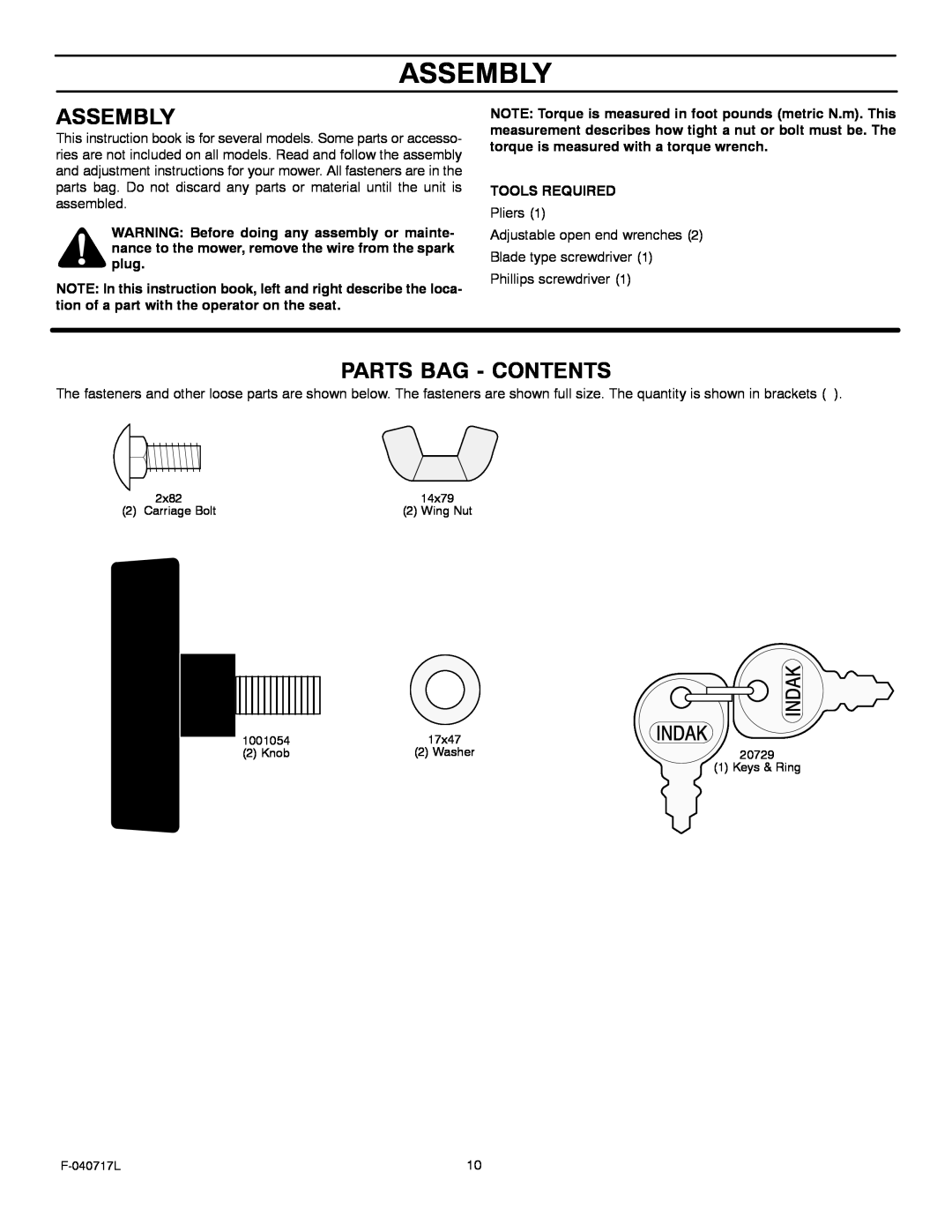 Murray 387002x92A manual Assembly, Parts Bag - Contents 