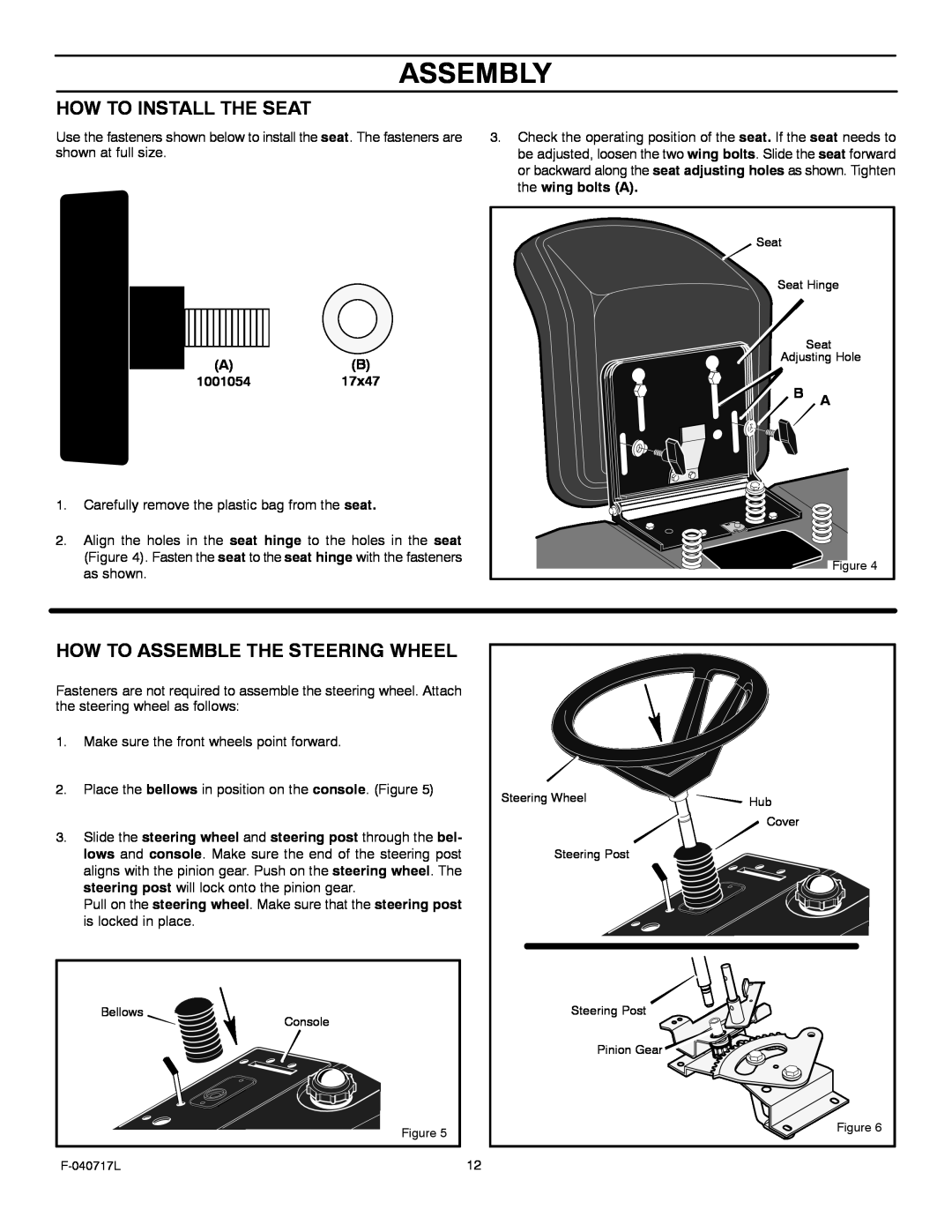 Murray 387002x92A manual Assembly, How To Install The Seat, How To Assemble The Steering Wheel 