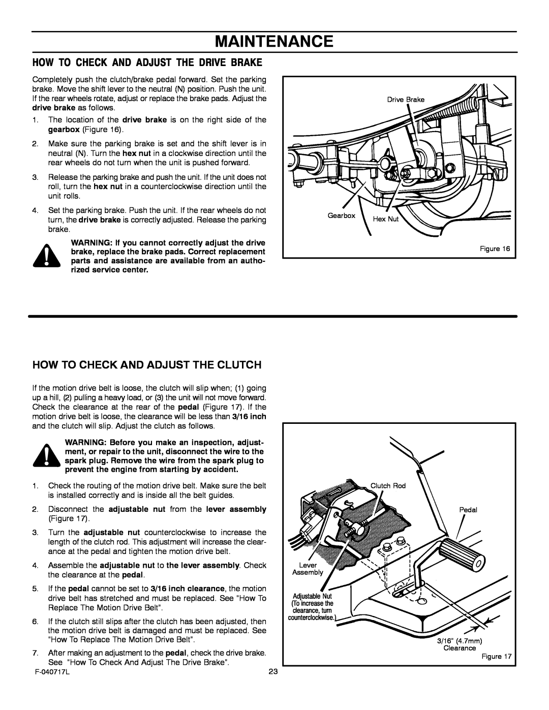 Murray 387002x92A manual Maintenance, How To Check And Adjust The Drive Brake, How To Check And Adjust The Clutch 