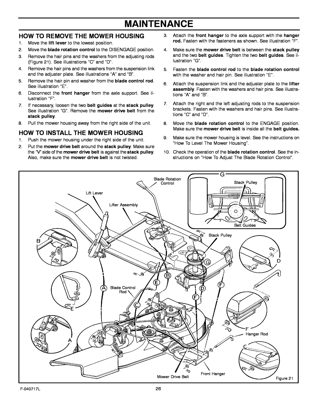 Murray 387002x92A manual Maintenance, How To Remove The Mower Housing, How To Install The Mower Housing 