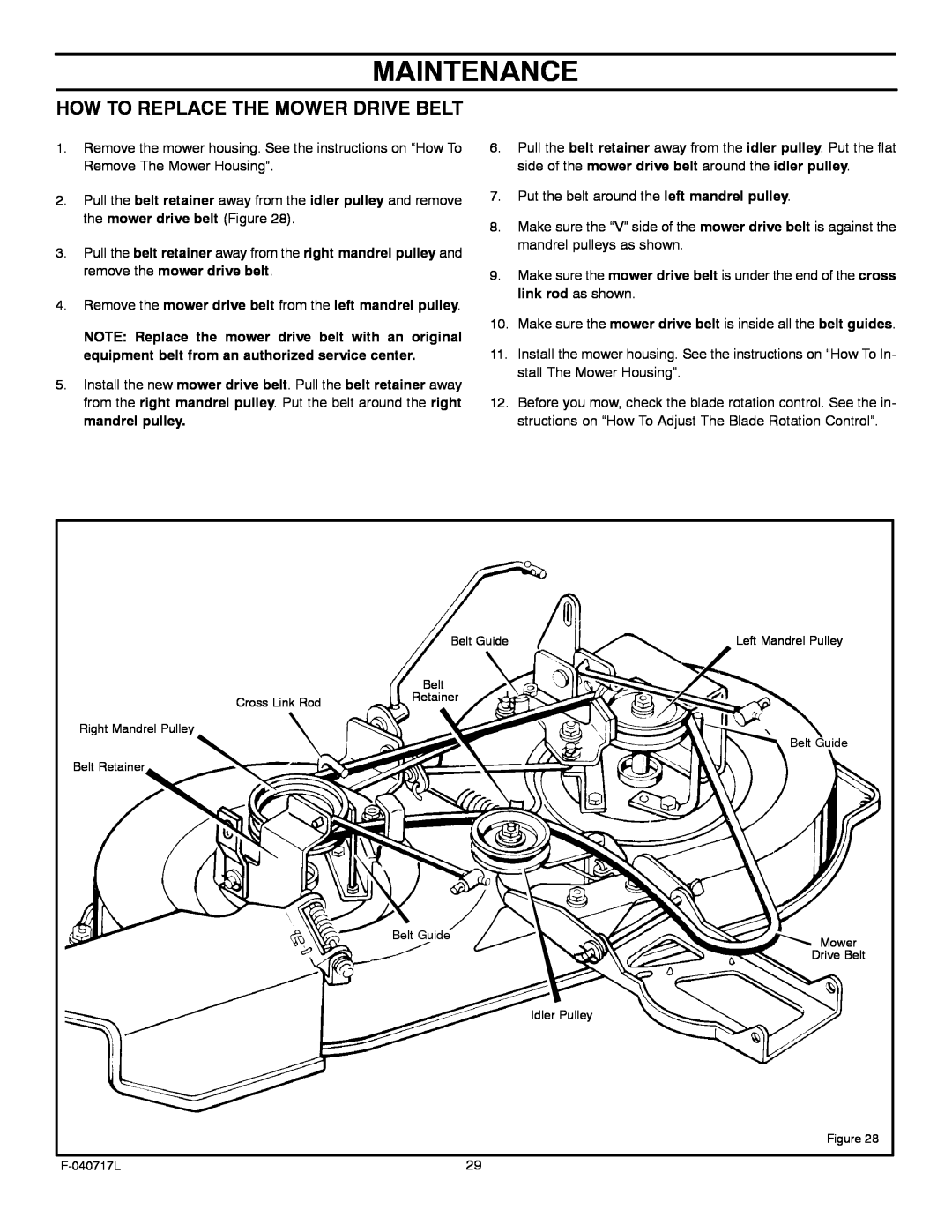 Murray 387002x92A manual Maintenance, How To Replace The Mower Drive Belt 