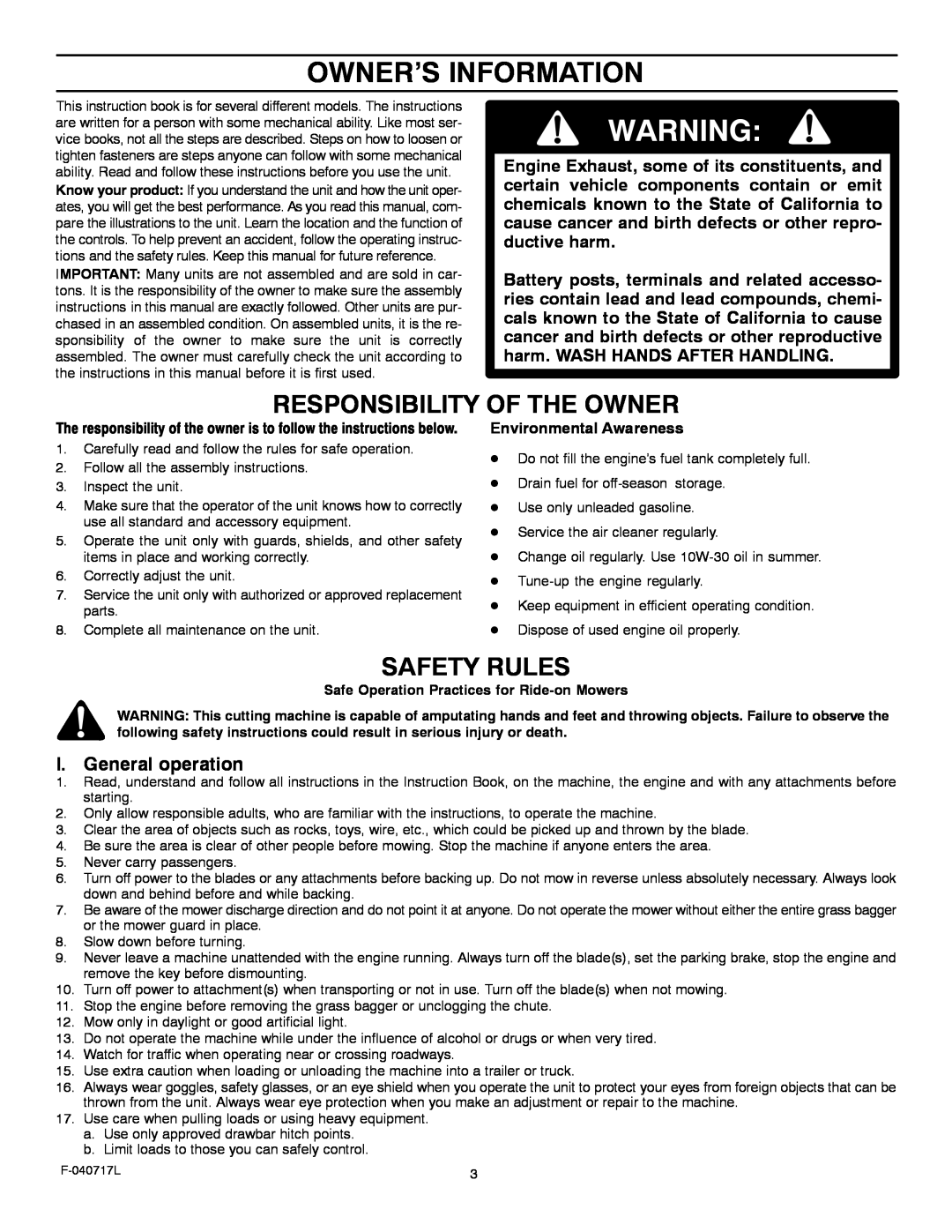 Murray 387002x92A manual Owner’S Information, Responsibility Of The Owner, Safety Rules, I. General operation 