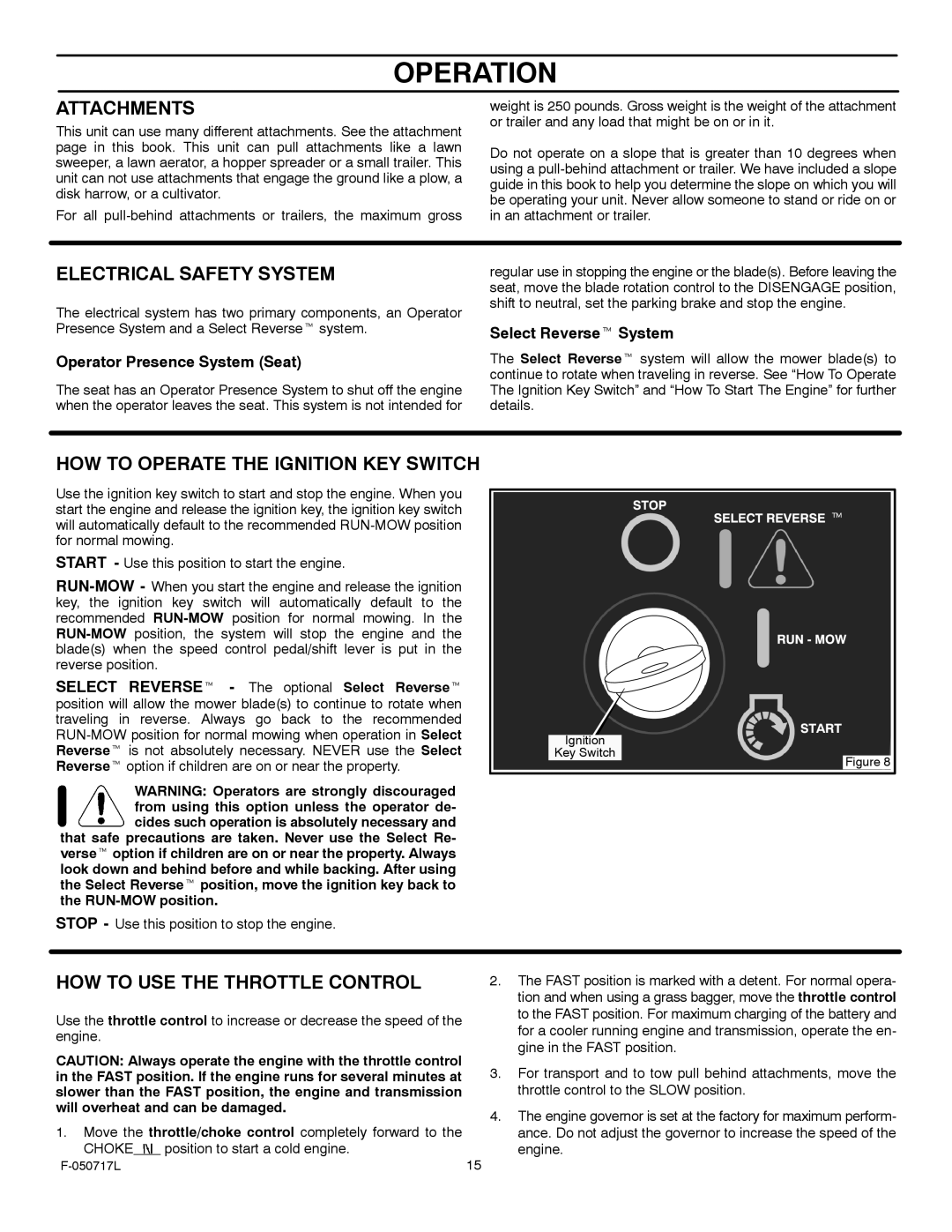 Murray 387002x92D manual Attachments, Electrical Safety System, HOW to Operate the Ignition KEY Switch 