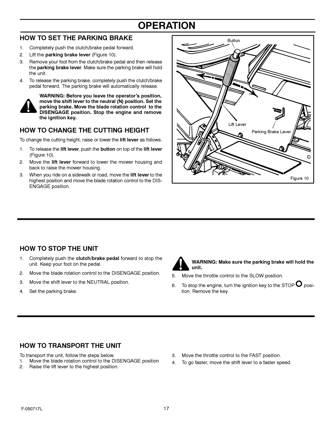 Murray 387002x92D manual HOW to SET the Parking Brake, HOW to Change the Cutting Height, HOW to Stop the Unit 