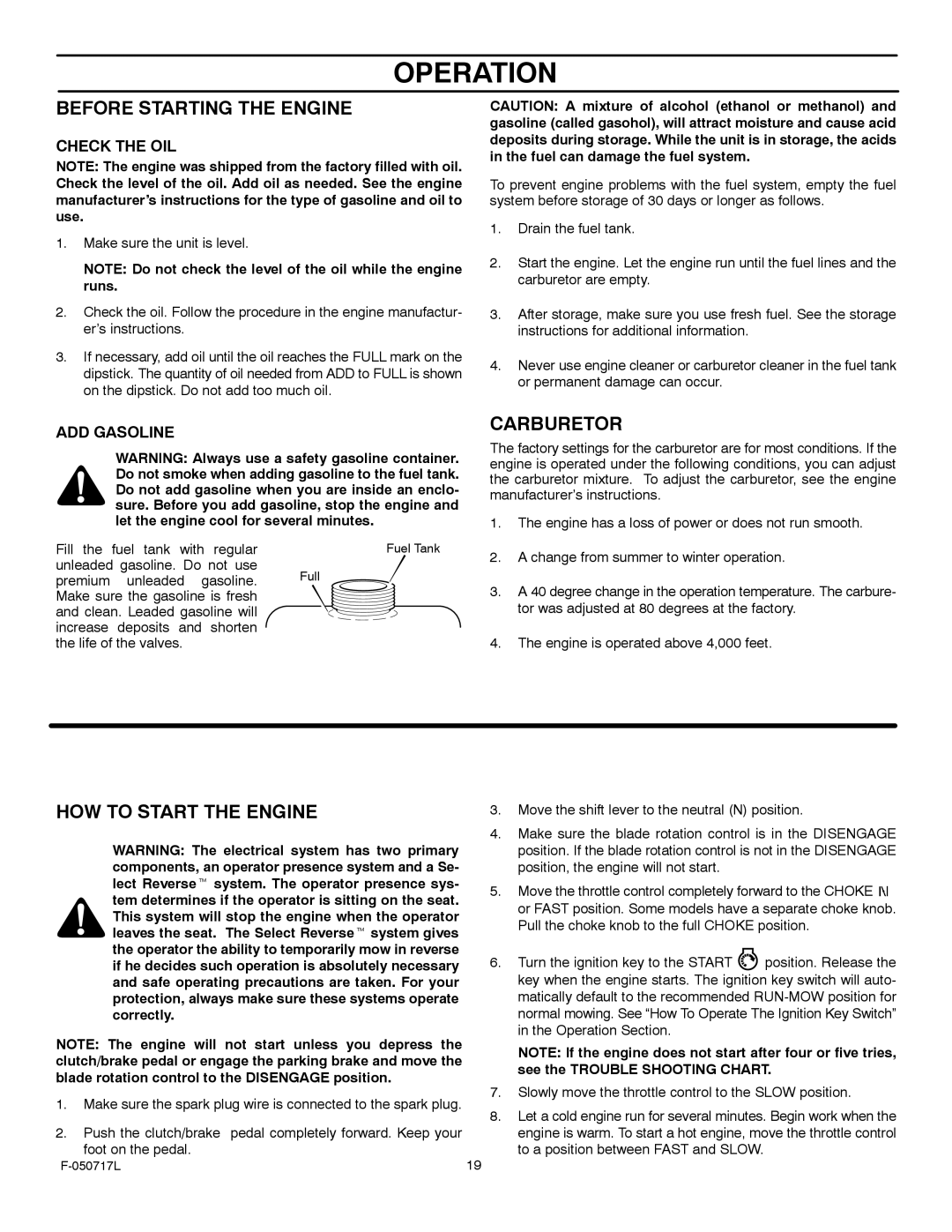 Murray 387002x92D manual Before Starting the Engine, Carburetor, HOW to Start the Engine 