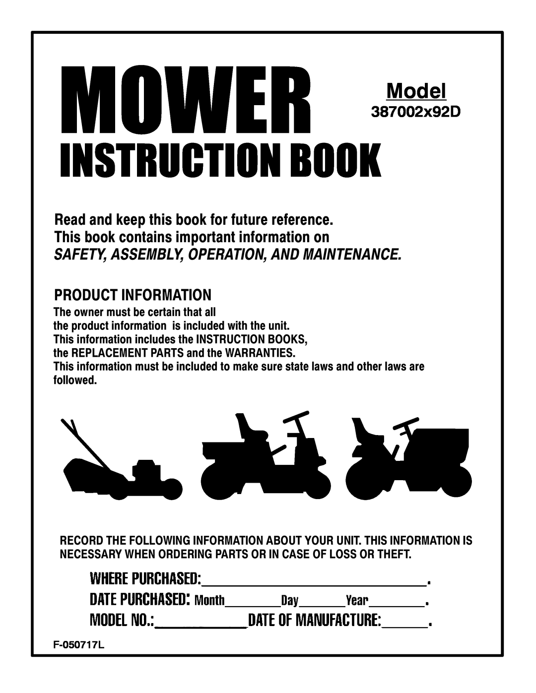 Murray 387002x92D manual Model, Read and keep this book for future reference, This book contains important information on 