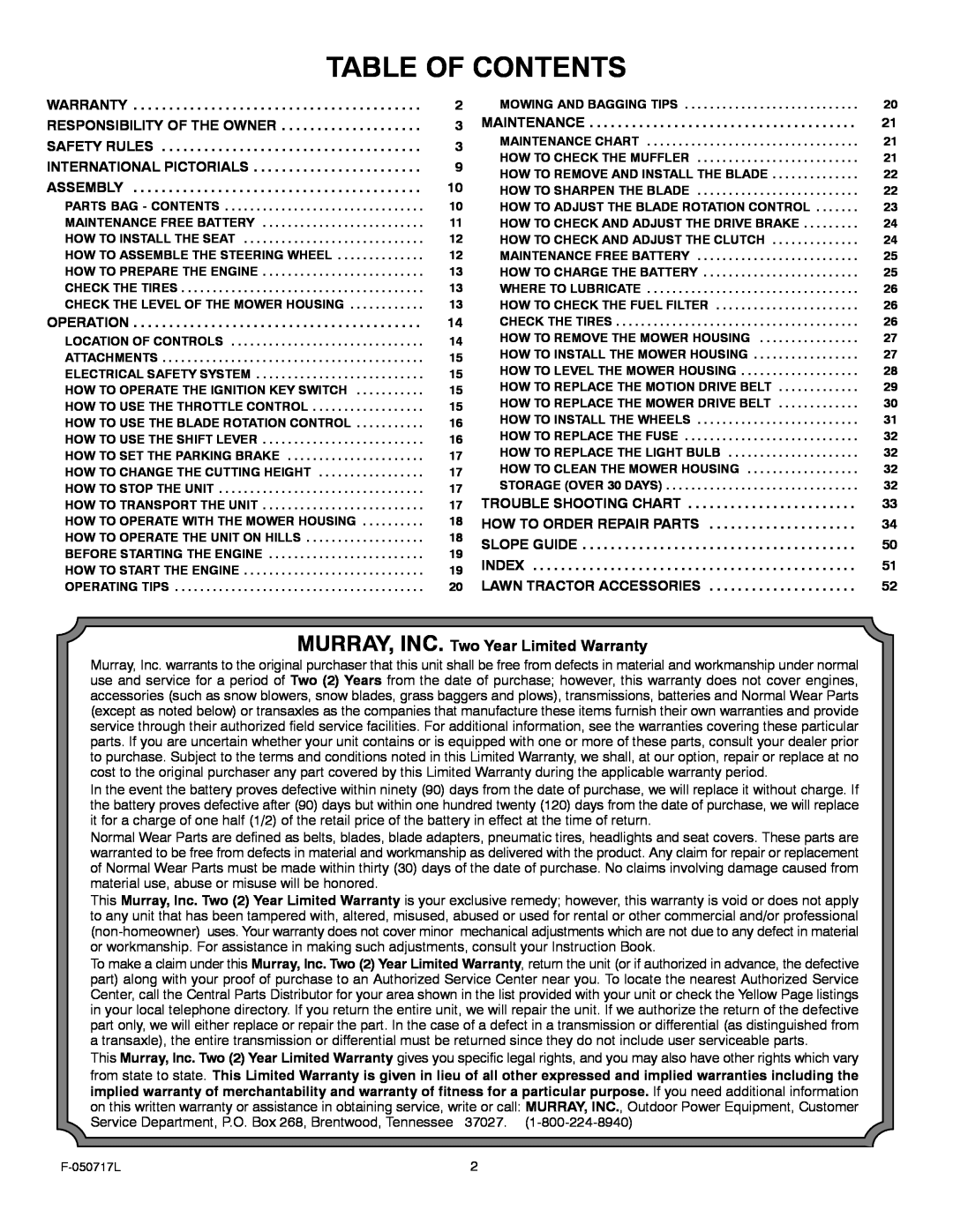 Murray 387002x92D manual Table Of Contents, MURRAY, INC. Two Year Limited Warranty 