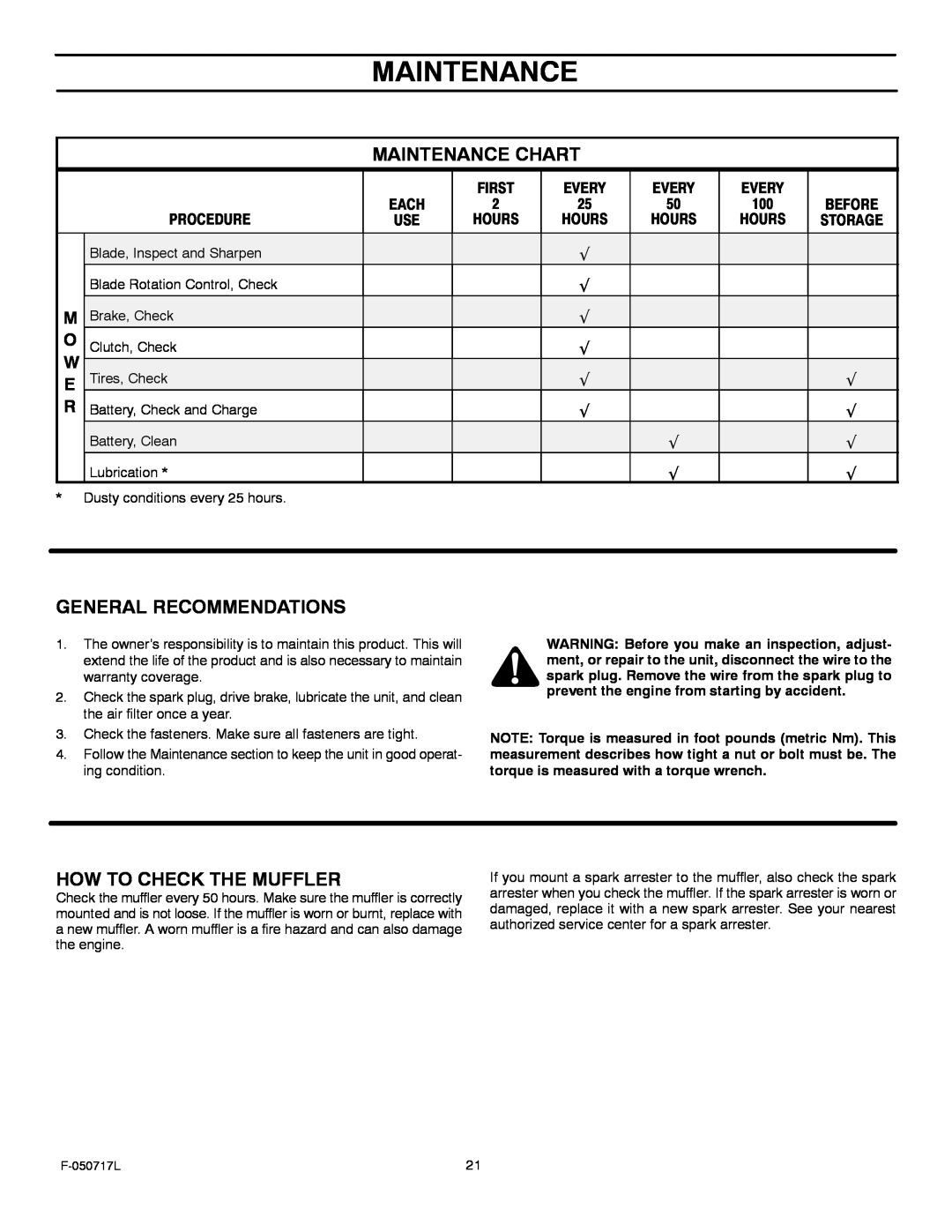 Murray 387002x92D manual Maintenance Chart, General Recommendations, How To Check The Muffler 