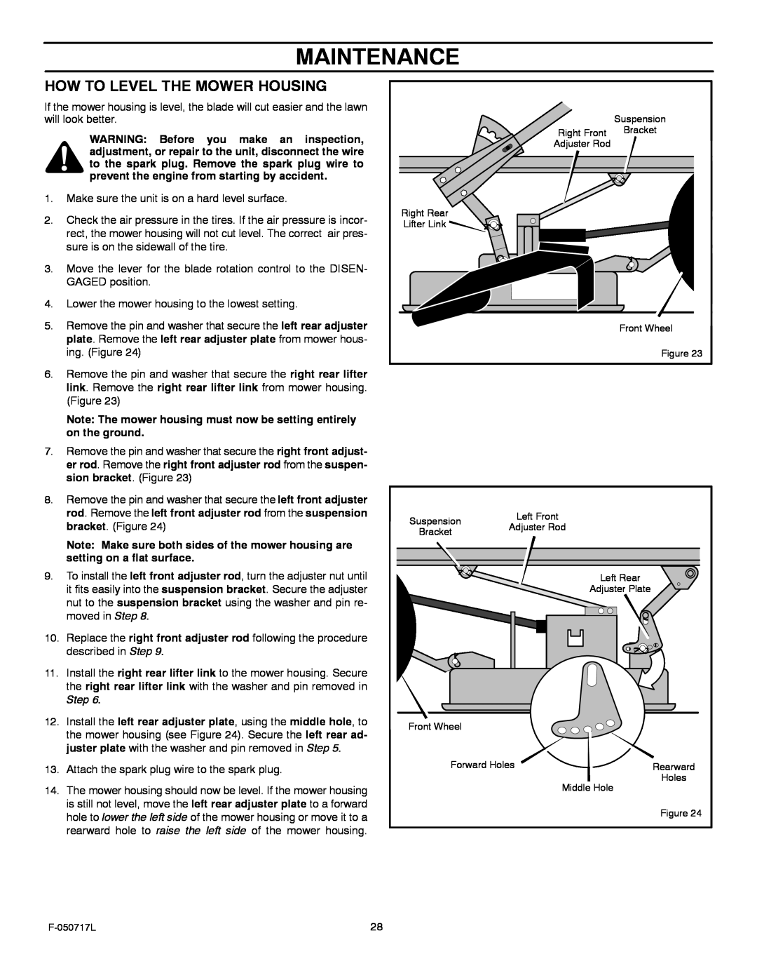 Murray 387002x92D manual Maintenance, How To Level The Mower Housing 