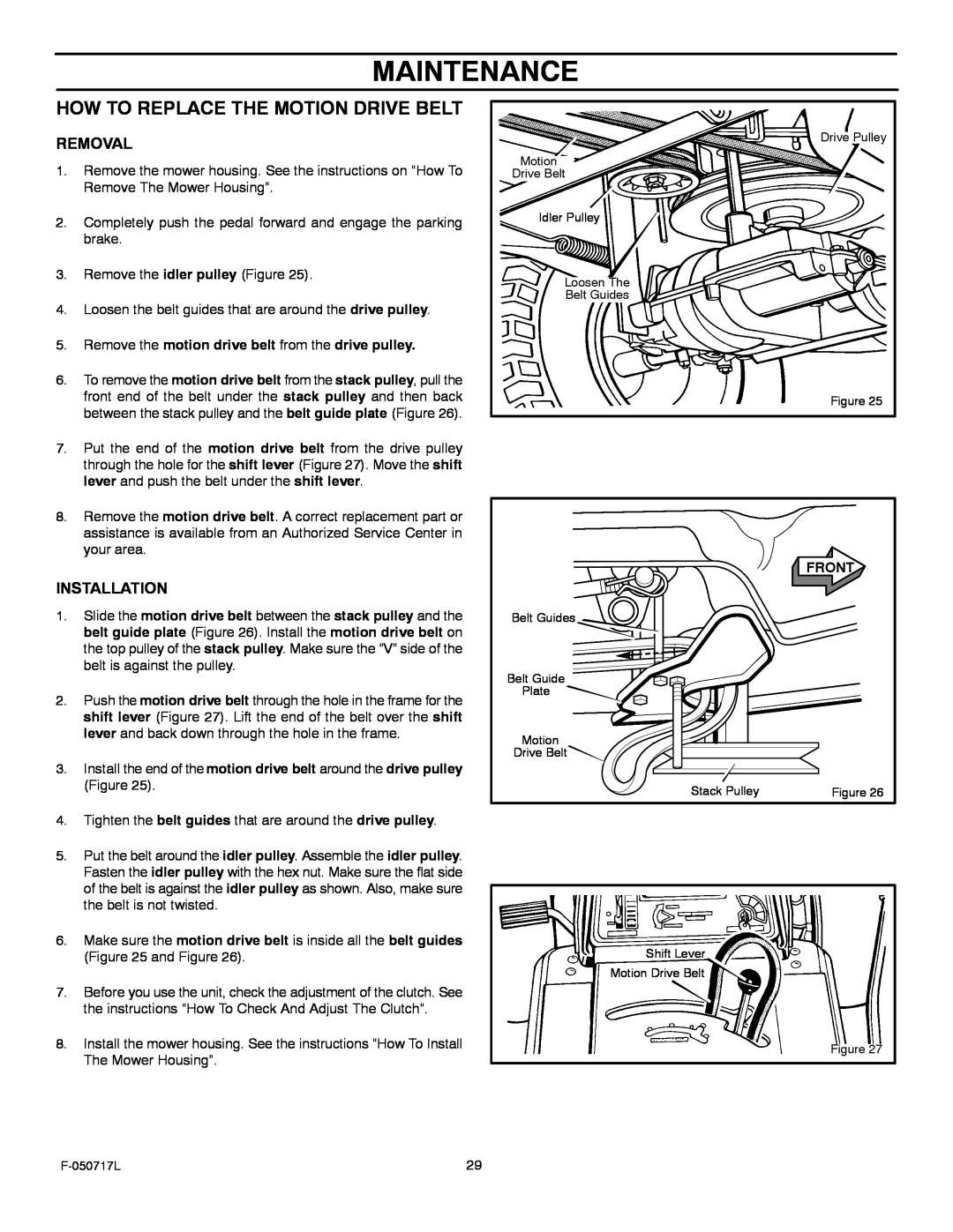 Murray 387002x92D manual Maintenance, How To Replace The Motion Drive Belt, Removal, Installation 