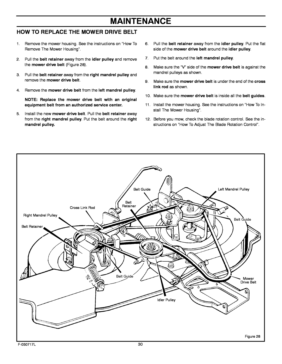 Murray 387002x92D manual Maintenance, How To Replace The Mower Drive Belt 