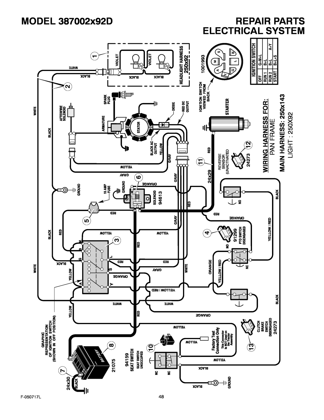 Murray manual MODEL 387002x92D, Wiring Harness For, Main Harness, Electrical System, Repair Parts 