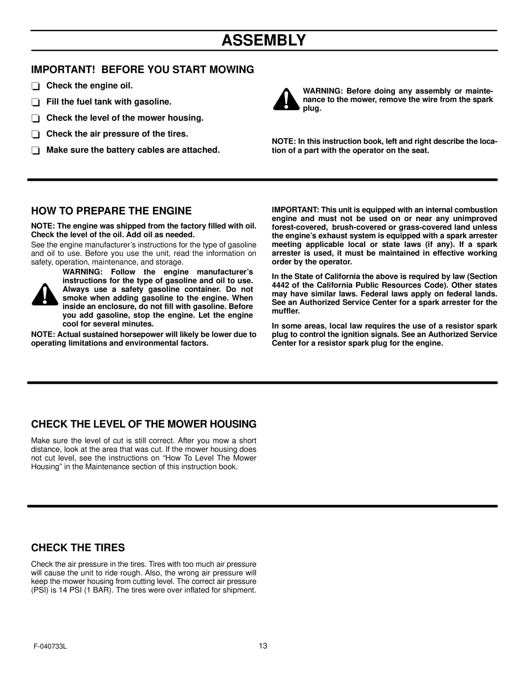 Murray 387004x48A IMPORTANT! Before YOU Start Mowing, HOW to Prepare the Engine, Check the Level of the Mower Housing 