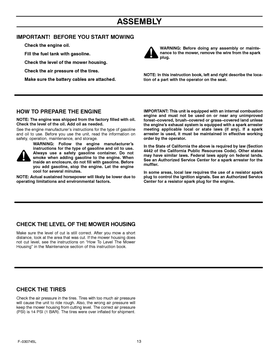 Murray 405000x8B manual IMPORTANT! Before YOU Start Mowing, HOW to Prepare the Engine, Check the Level of the Mower Housing 