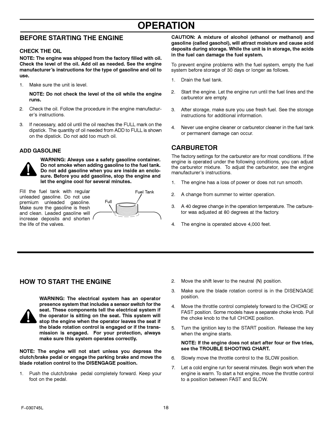 Murray 405000x8B manual Before Starting the Engine, Carburetor, HOW to Start the Engine 