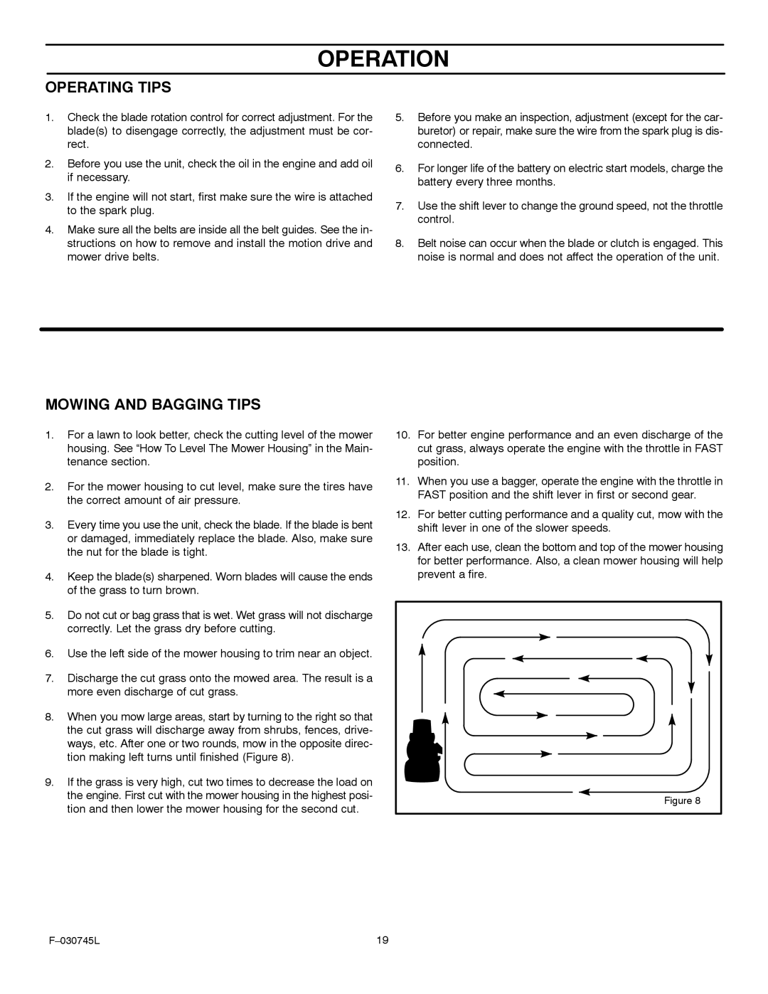 Murray 405000x8B manual Operating Tips, Mowing and Bagging Tips 