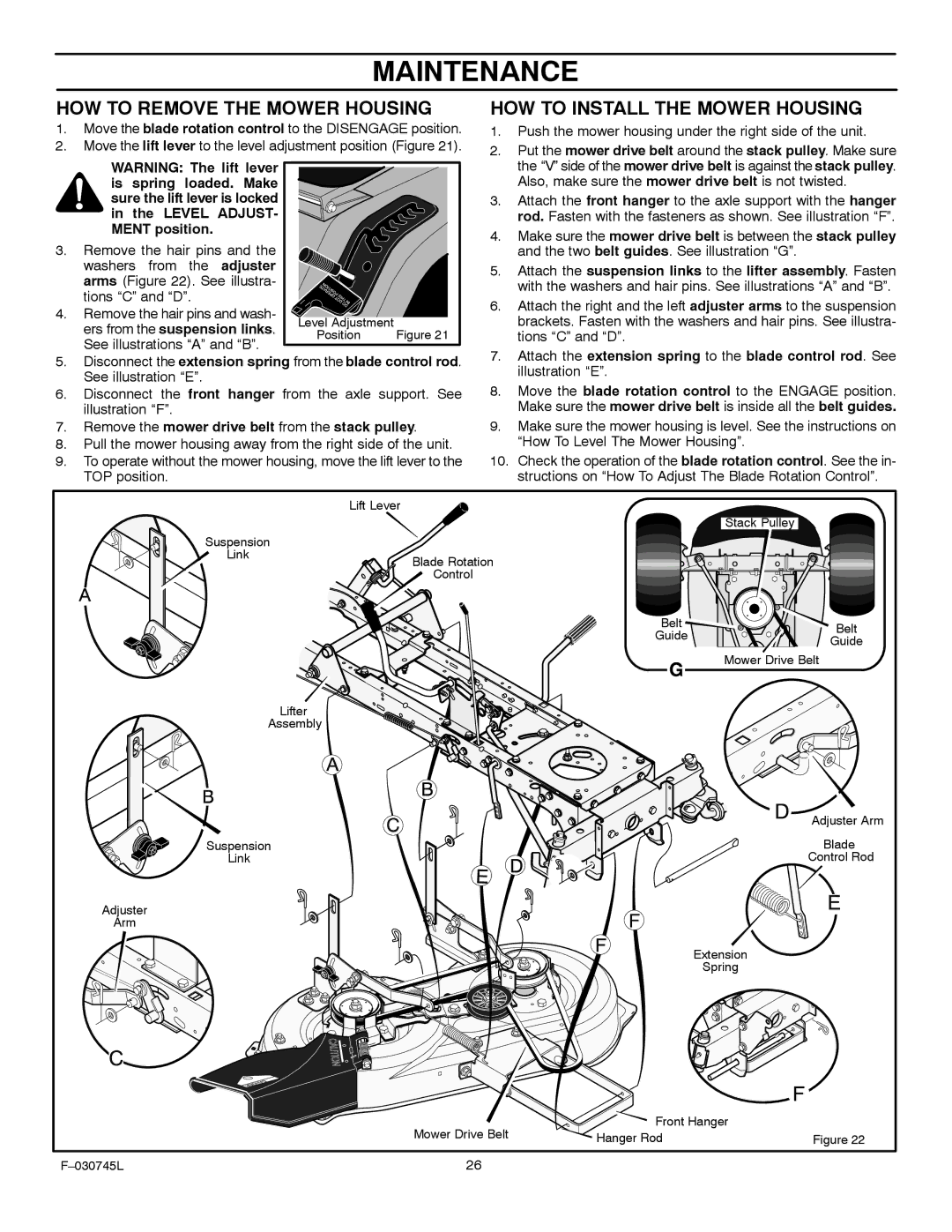 Murray 405000x8B manual HOW to Remove the Mower Housing, HOW to Install the Mower Housing 