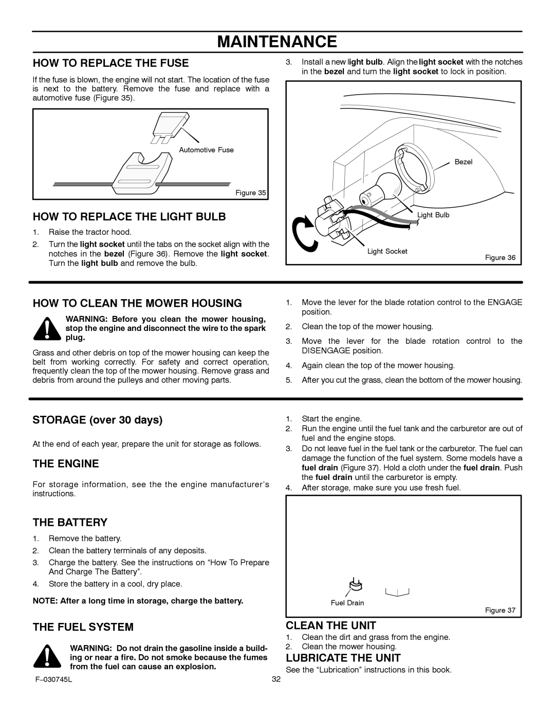 Murray 405000x8B HOW to Replace the Fuse, HOW to Replace the Light Bulb, HOW to Clean the Mower Housing, Engine, Battery 