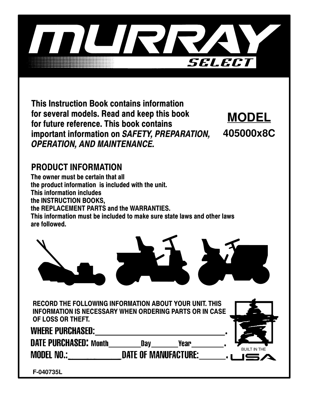 Murray 405000x8C manual Model 