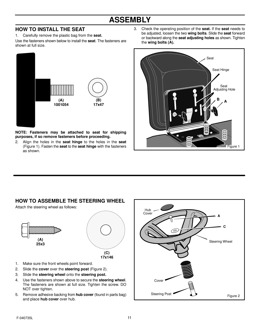 Murray 405000x8C manual HOW to Install the Seat, HOW to Assemble the Steering Wheel 