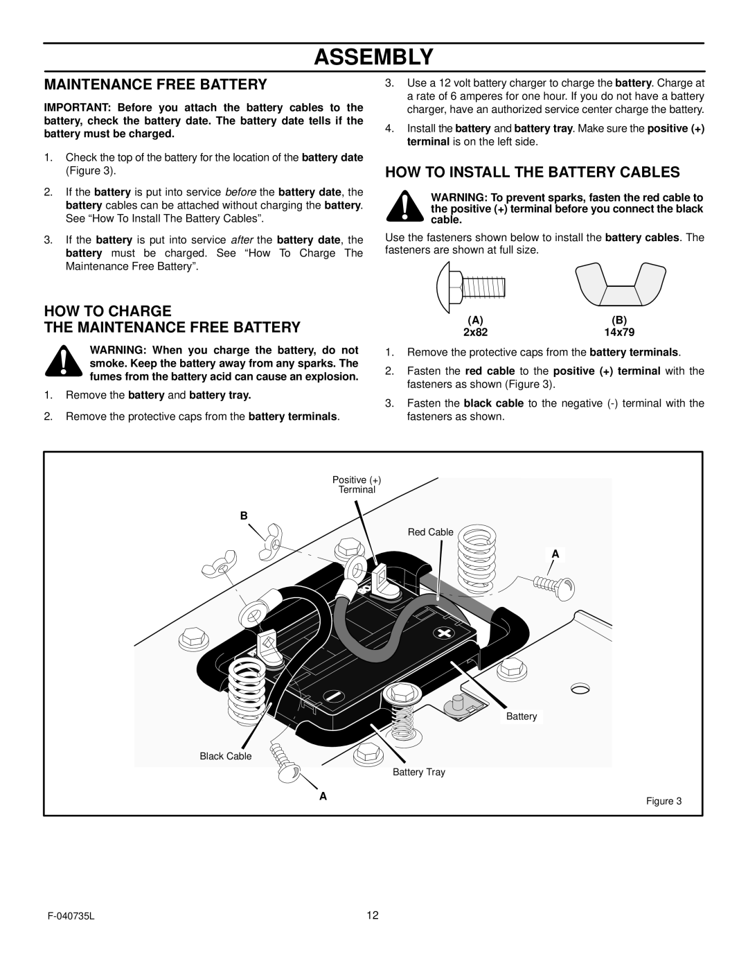 Murray 405000x8C manual HOW to Charge Maintenance Free Battery, HOW to Install the Battery Cables 