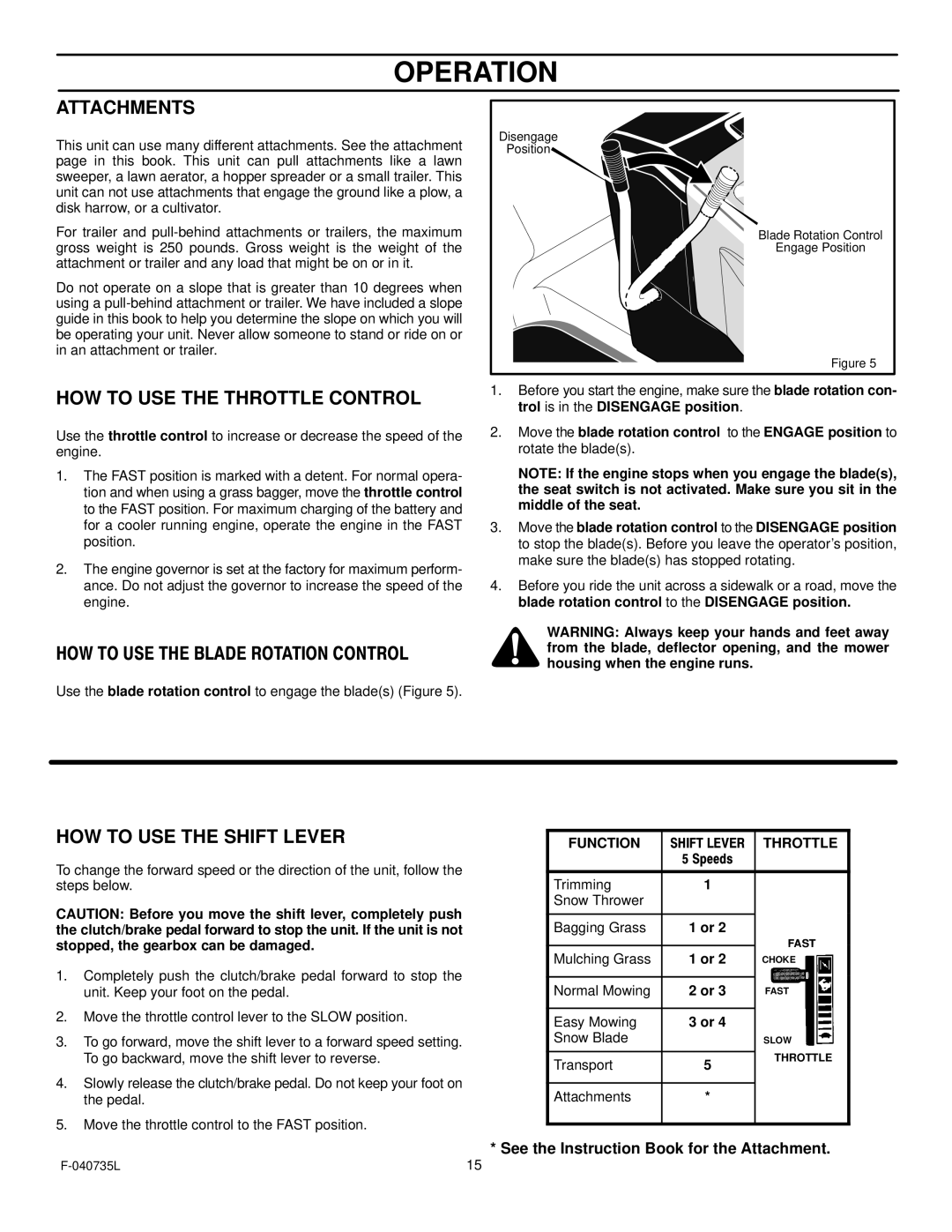 Murray 405000x8C manual Attachments, HOW to USE the Throttle Control, HOW to USE the Shift Lever 