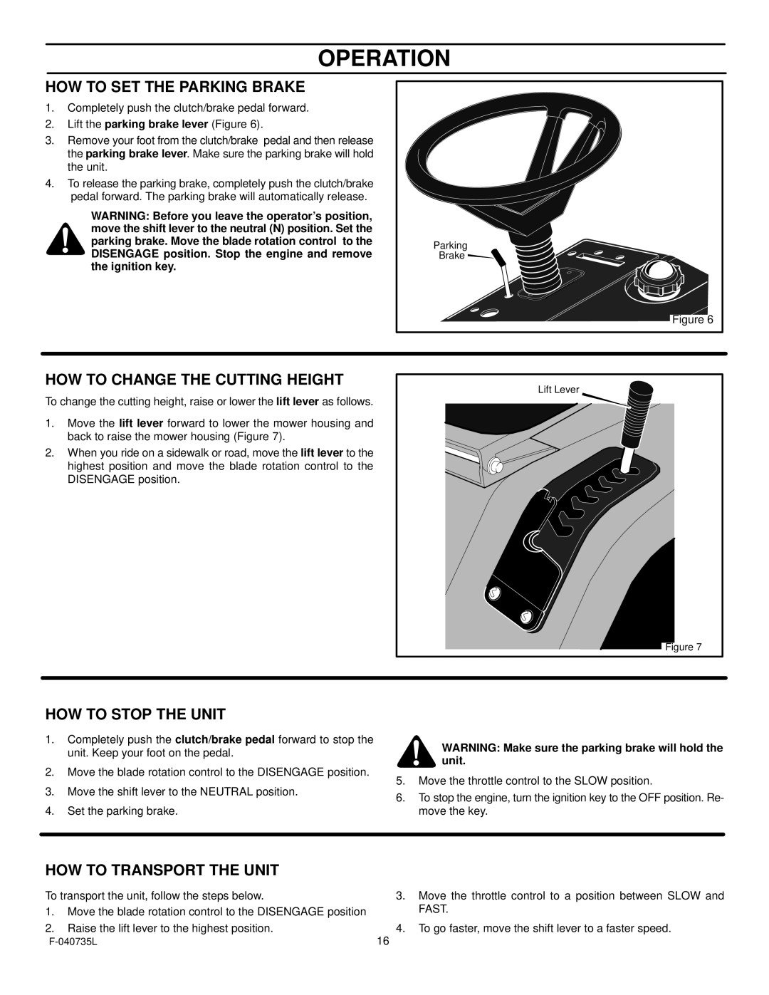 Murray 405000x8C manual HOW to SET the Parking Brake, HOW to Change the Cutting Height, HOW to Stop the Unit 