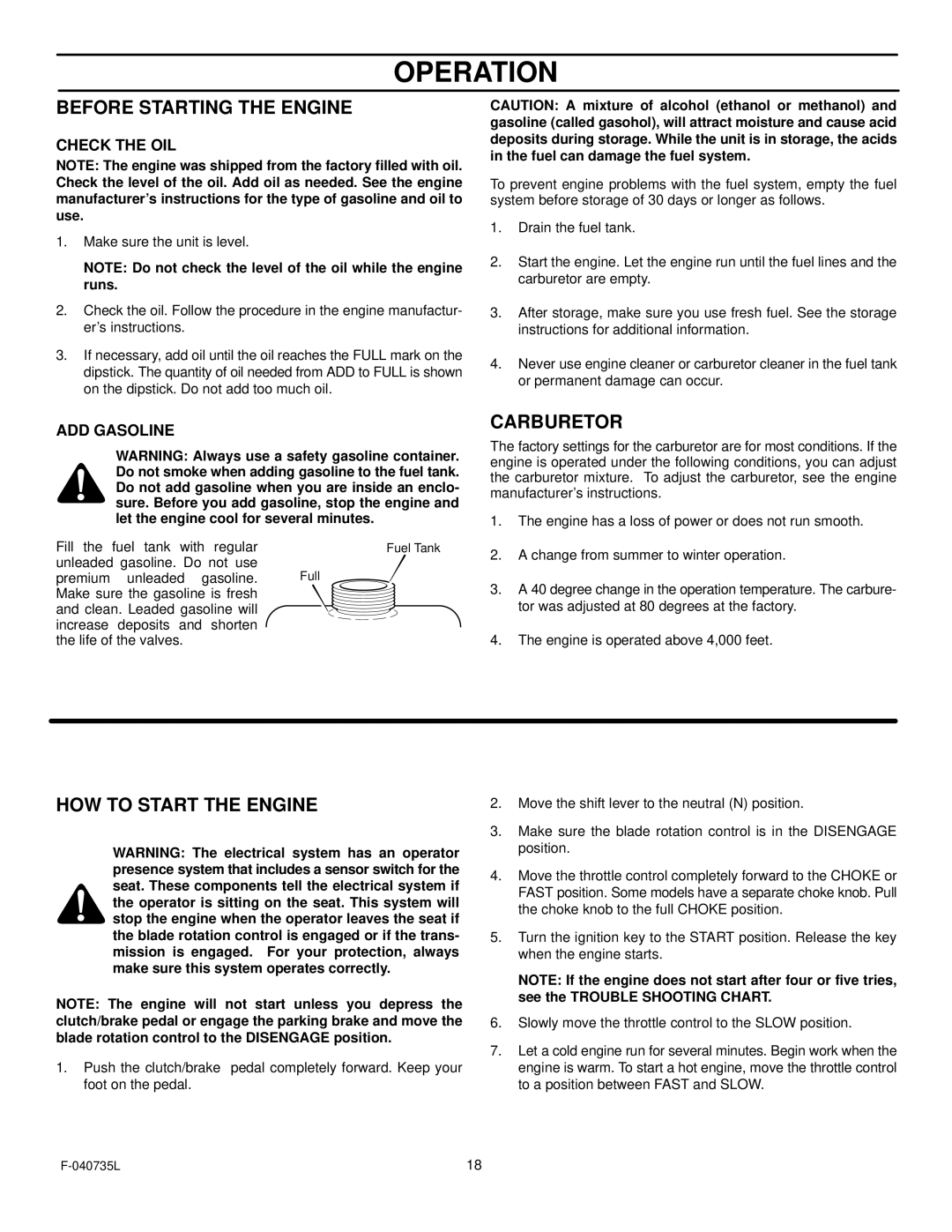 Murray 405000x8C manual Before Starting the Engine, Carburetor, HOW to Start the Engine 