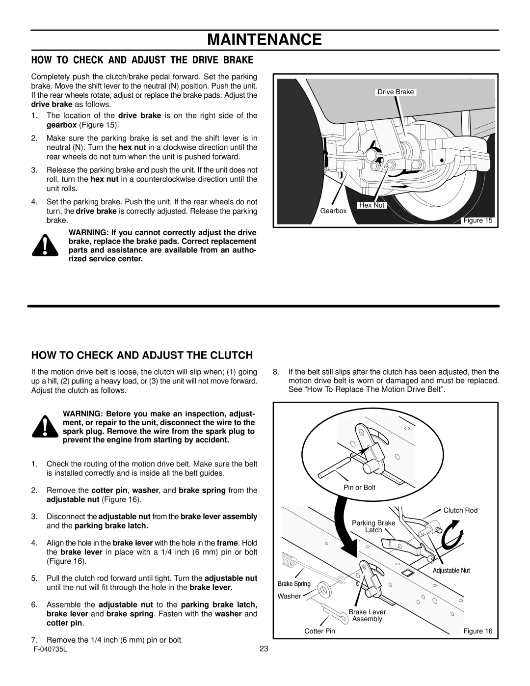 Murray 405000x8C manual HOW to Check and Adjust the Clutch, HOW to Check and Adjust the Drive Brake 