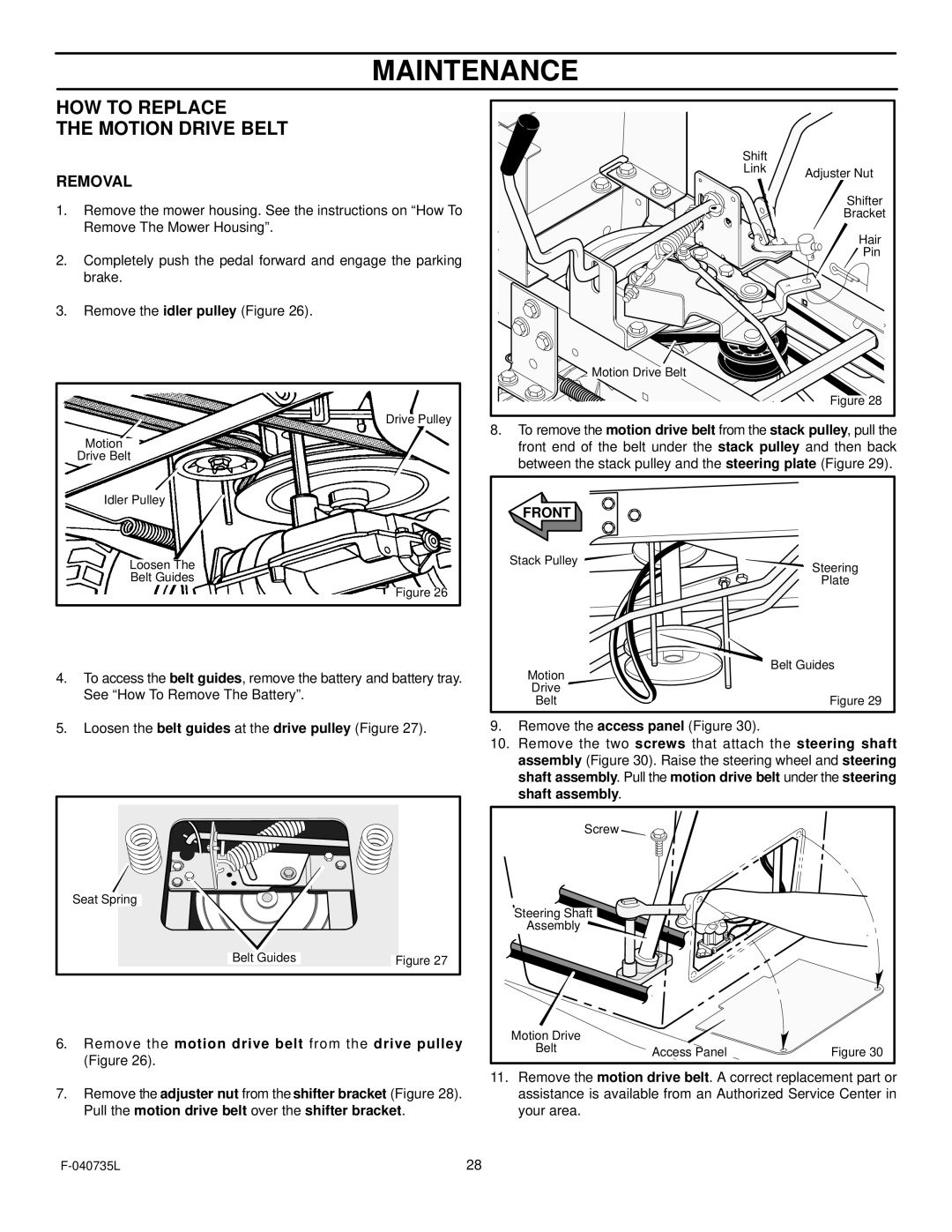 Murray 405000x8C manual HOW to Replace Motion Drive Belt, Removal 