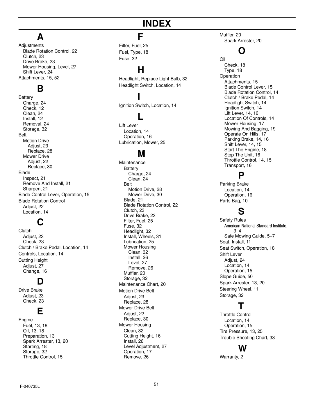 Murray 405000x8C manual Index 