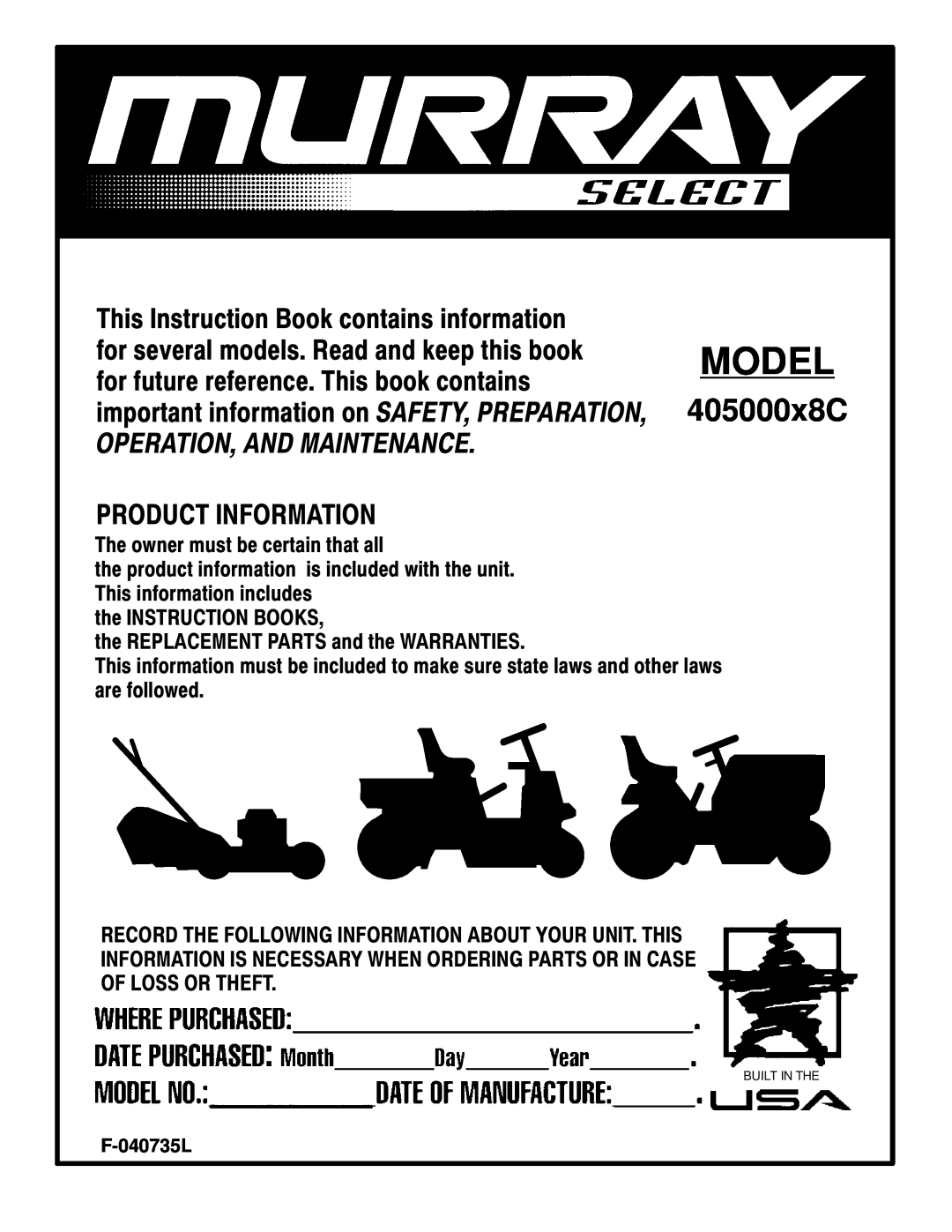 Murray 405000x8C manual Model, Product Information 
