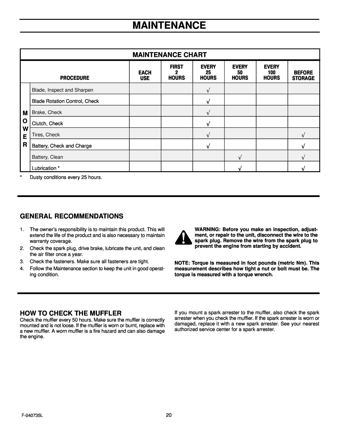 Murray 405000x8C manual Maintenance Chart, General Recommendations, How To Check The Muffler 