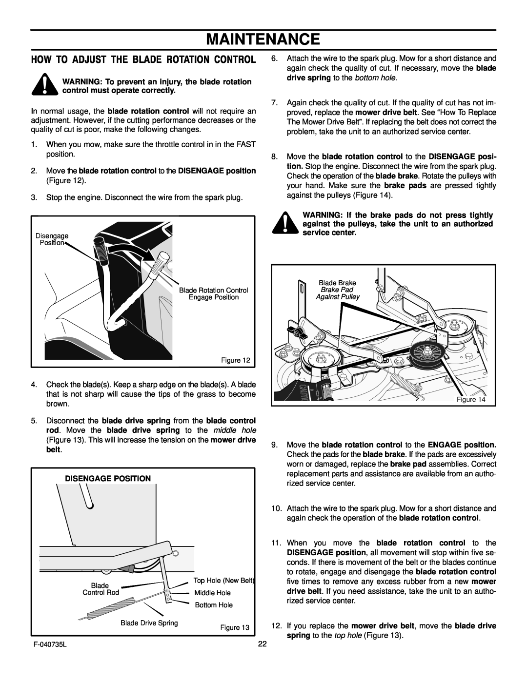 Murray 405000x8C manual Maintenance, How To Adjust The Blade Rotation Control 