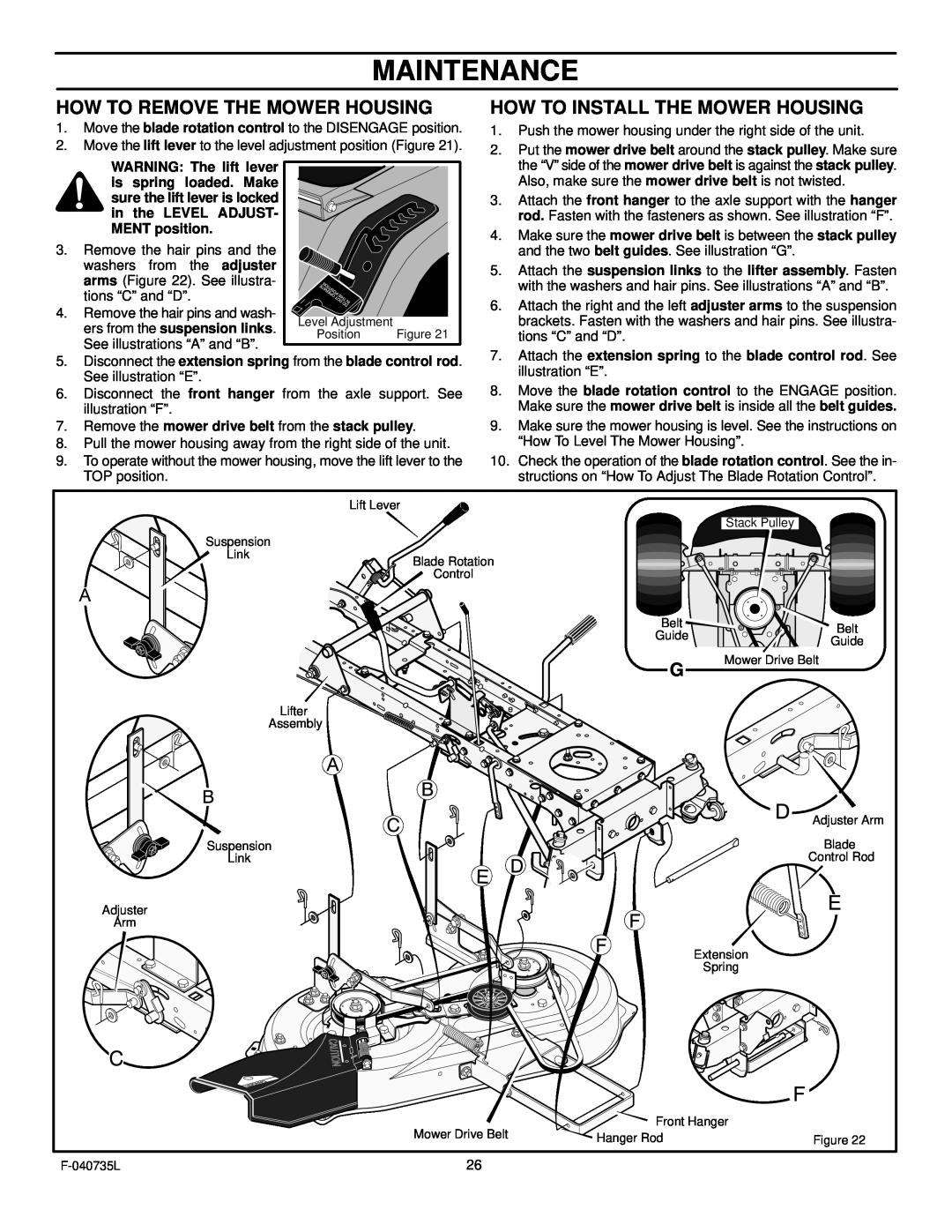 Murray 405000x8C manual Maintenance, How To Remove The Mower Housing, How To Install The Mower Housing 